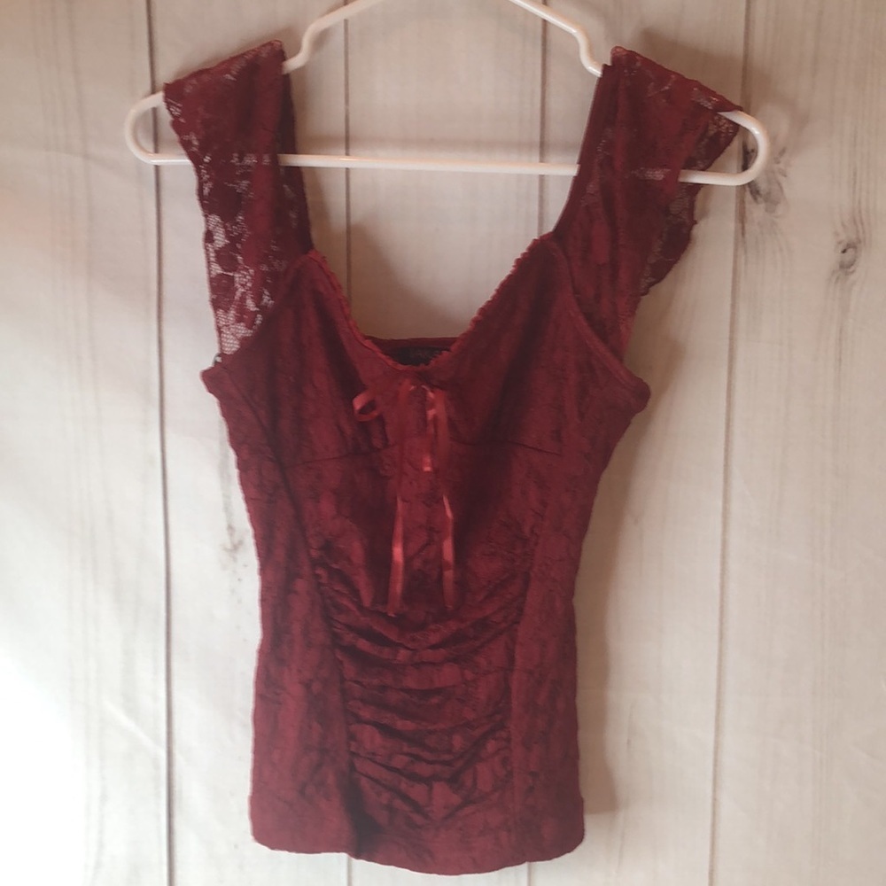 Takara Burgundy Lace Off-Shoulder Blouse Top Short Sleeve Lined Juniors Small